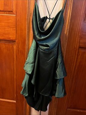 Selfie Leslie Dark Emerald Satin High-Low Cowl Neck Dress Mini NEW